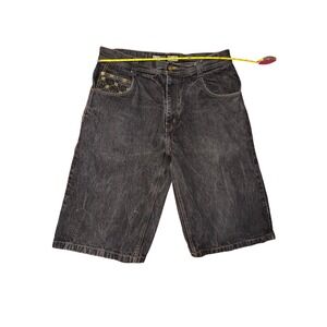 Southpole Mens Baggy Denim Shorts Black Gold Embroidered Y2K Streetwear 36
